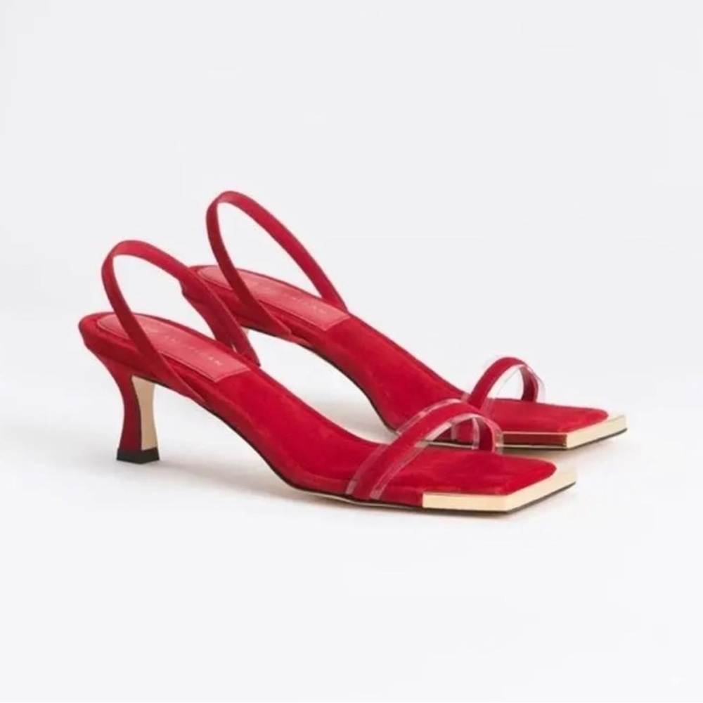 New in box Good American Red suede slingback kitten heels